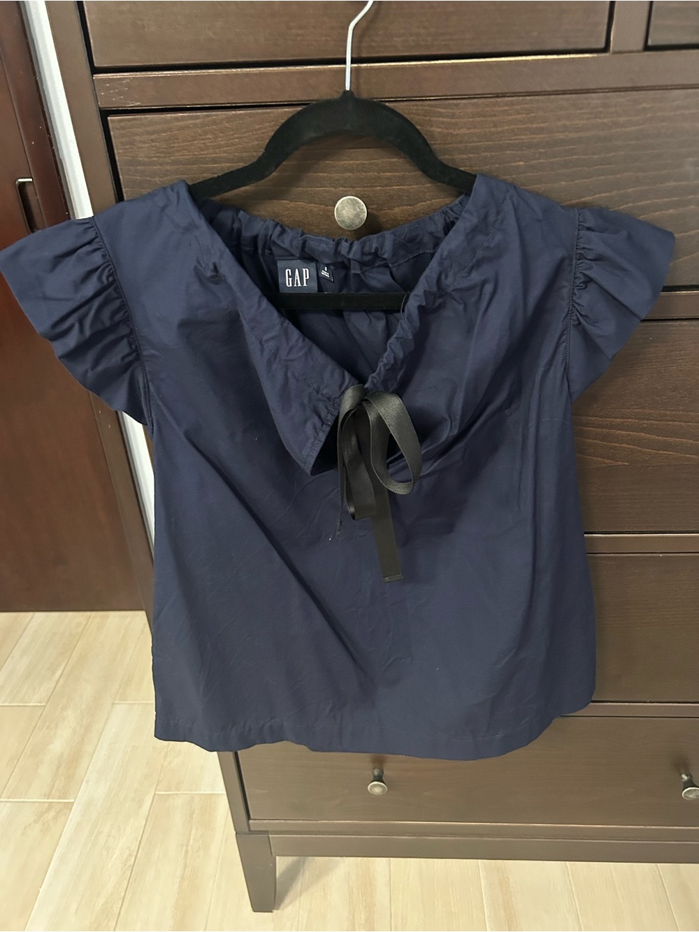 GAP Navy Short Ruffle Sleeve Tie-Front Blouse